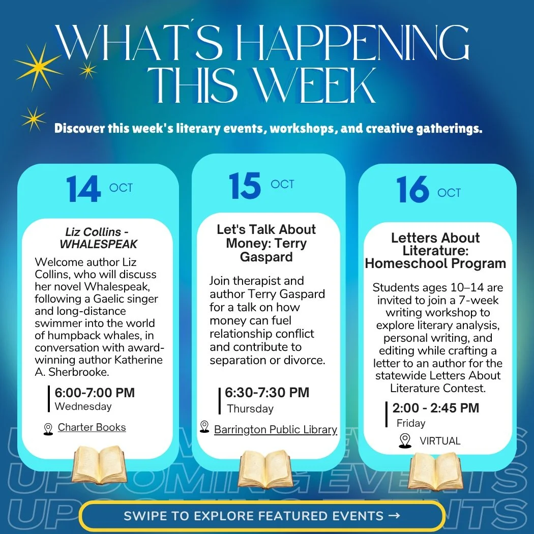 ✨ These are the events we&rsquo;re excited to share with you this coming week:

📓 Liz Collins - WHALESPEAK
📌Charter Books
📆 Oct 14 | 6:00-7:00pm

We are excited to welcome Liz Collins, author of WHALESPEAK, a novel that follows Gaelic singer and l