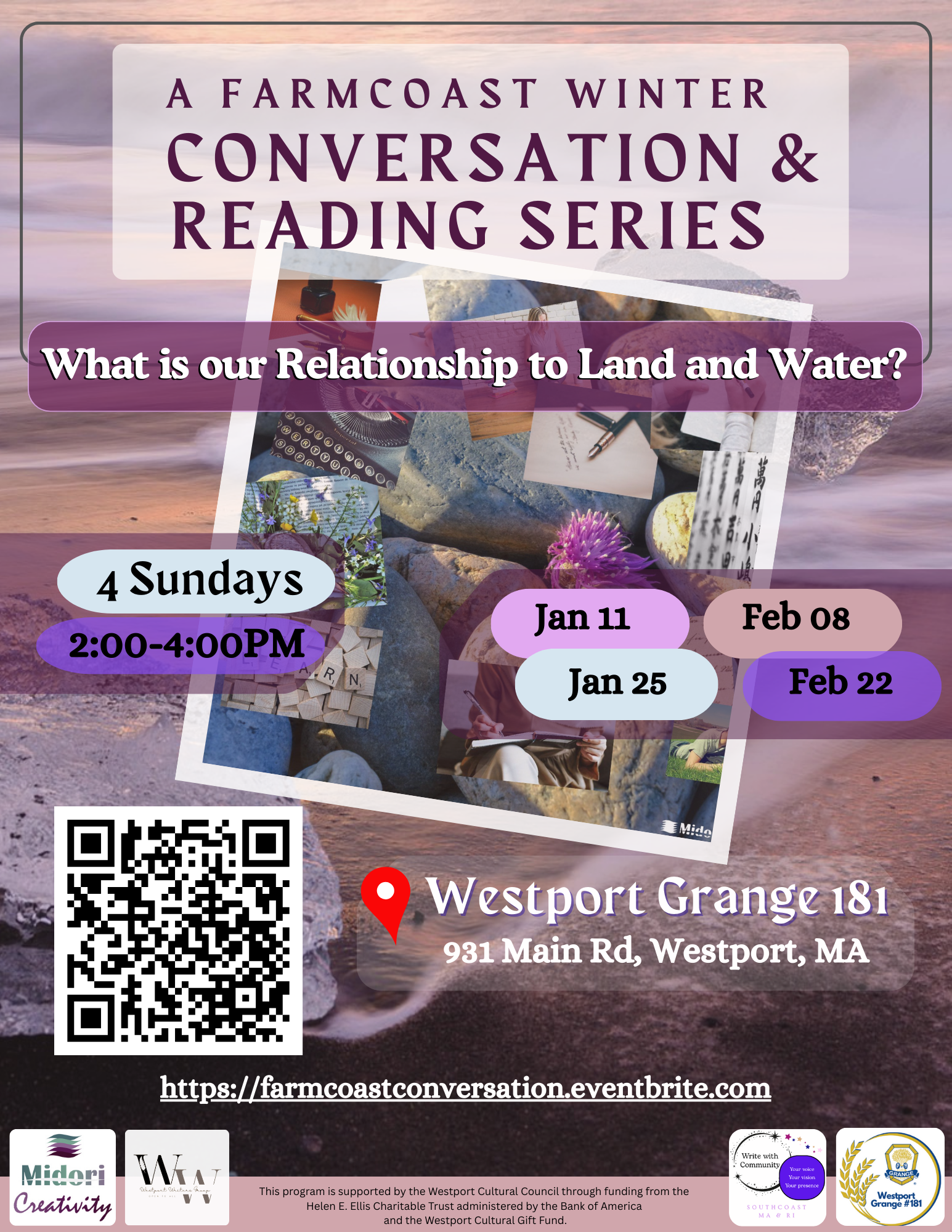 Promotional Flyer for Farmcoast Winter Conversation & Reading Series” happening this January and February 2026 at Westport, Massachusetts