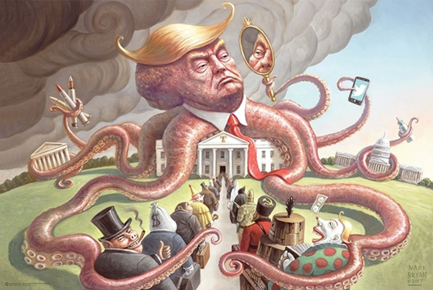 A satirical illustration depicting Donald Trump as a giant octopus with tentacles spreading around the White House and surrounding people.