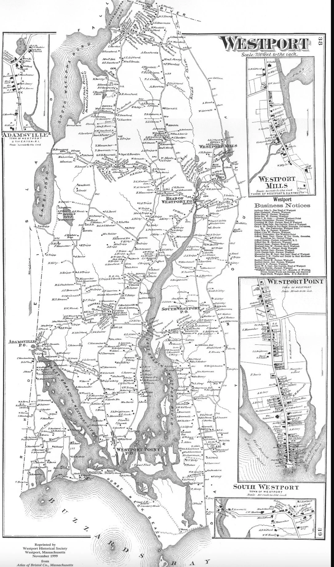 Black-and-white historical map labeled Westport, showing roads, waterways, and surrounding areas