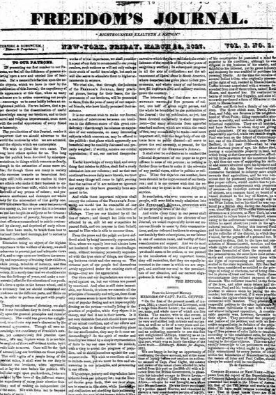 Historic front page of Freedom’s Journal, an early Black-owned newspaper