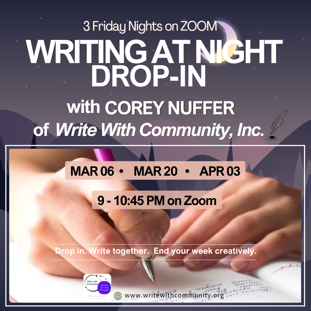 Announcement of the upcoming Writing at Night Drop-In by Write With Community