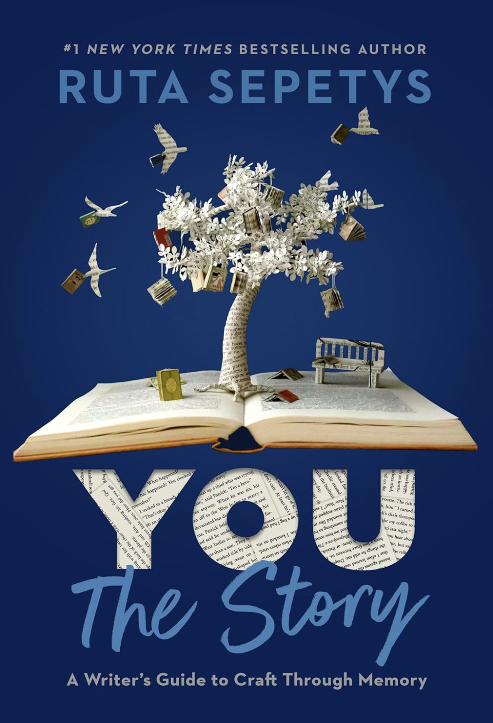 Book cover of “You: The Story” by Ruta Sepetys showing an open book with a white tree growing from its pages against a deep blue background.