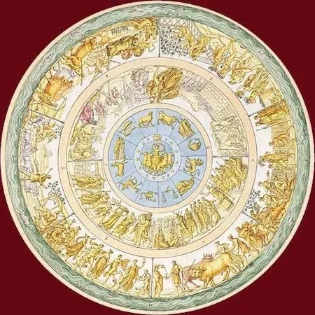 Richly detailed illustration of Achilles’ shield with concentric rings of figures and symbols in gold and soft pastel tones.