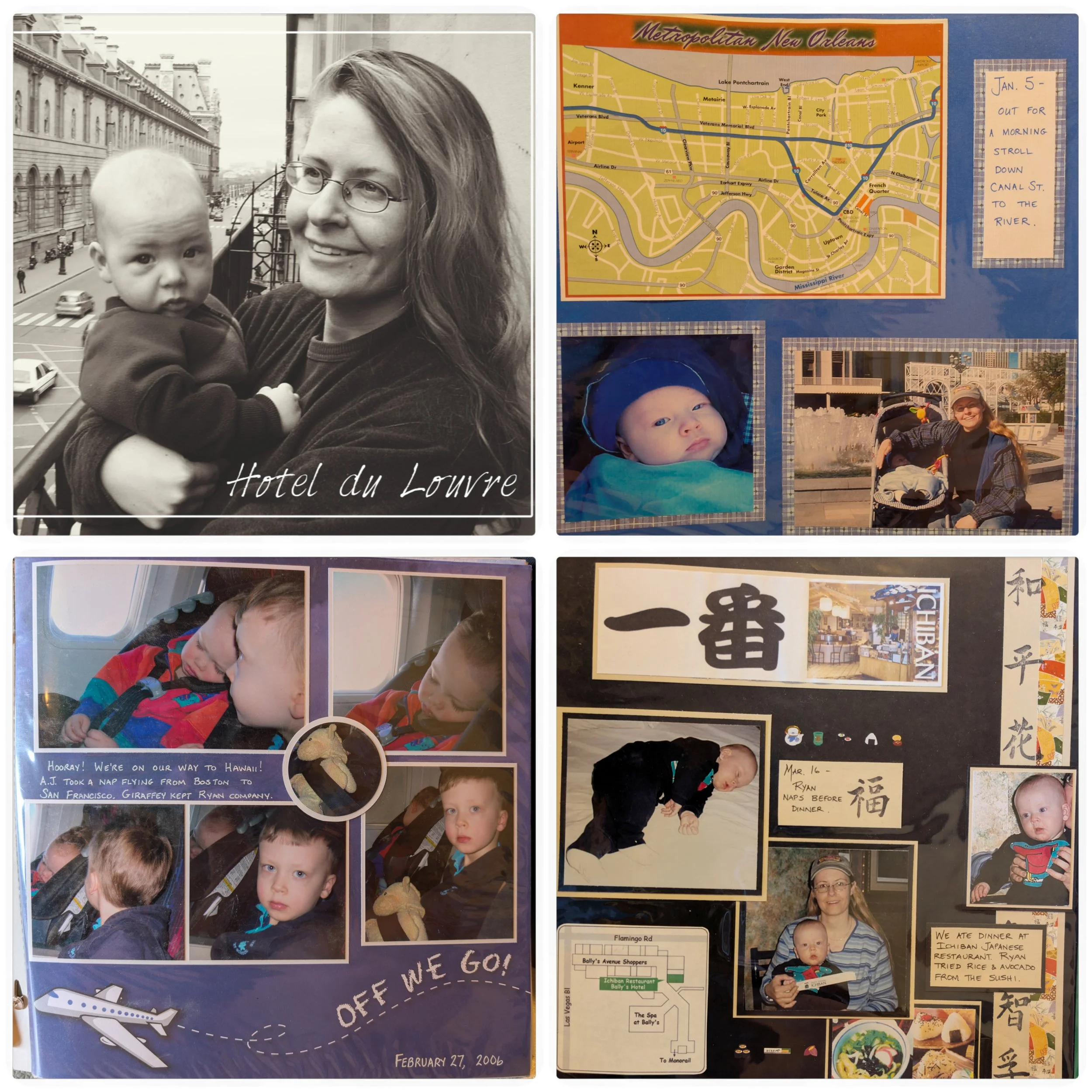 Scrapbook-style collage featuring family photos, travel snapshots, maps, tickets, and keepsakes documenting a trip.