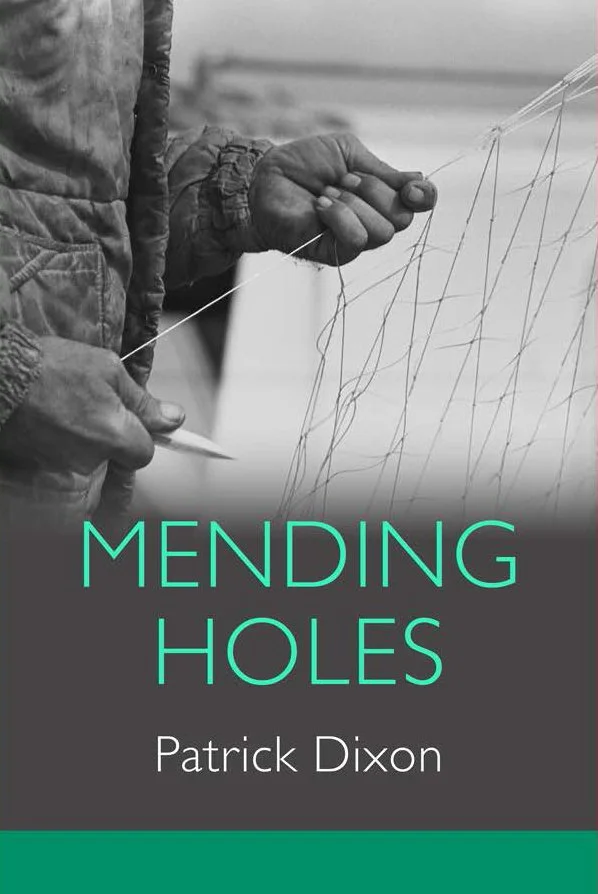 A book cover titled "MENDING HOLES" by Patrick Dixon
