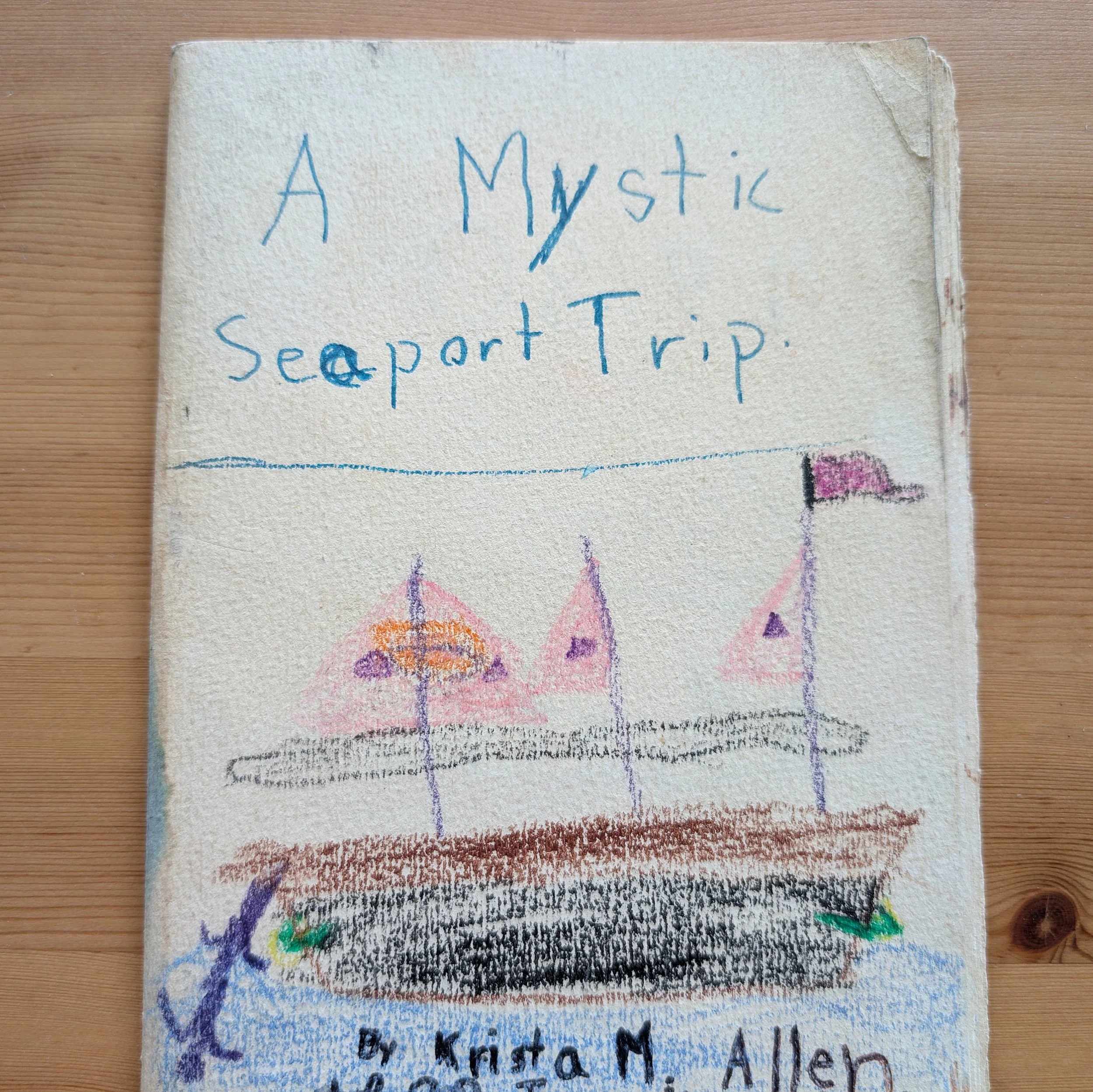 Handmade diary cover by Krista Allen titled "A Mystic Seaport Trip," featuring a crayon drawing of a sailboat.