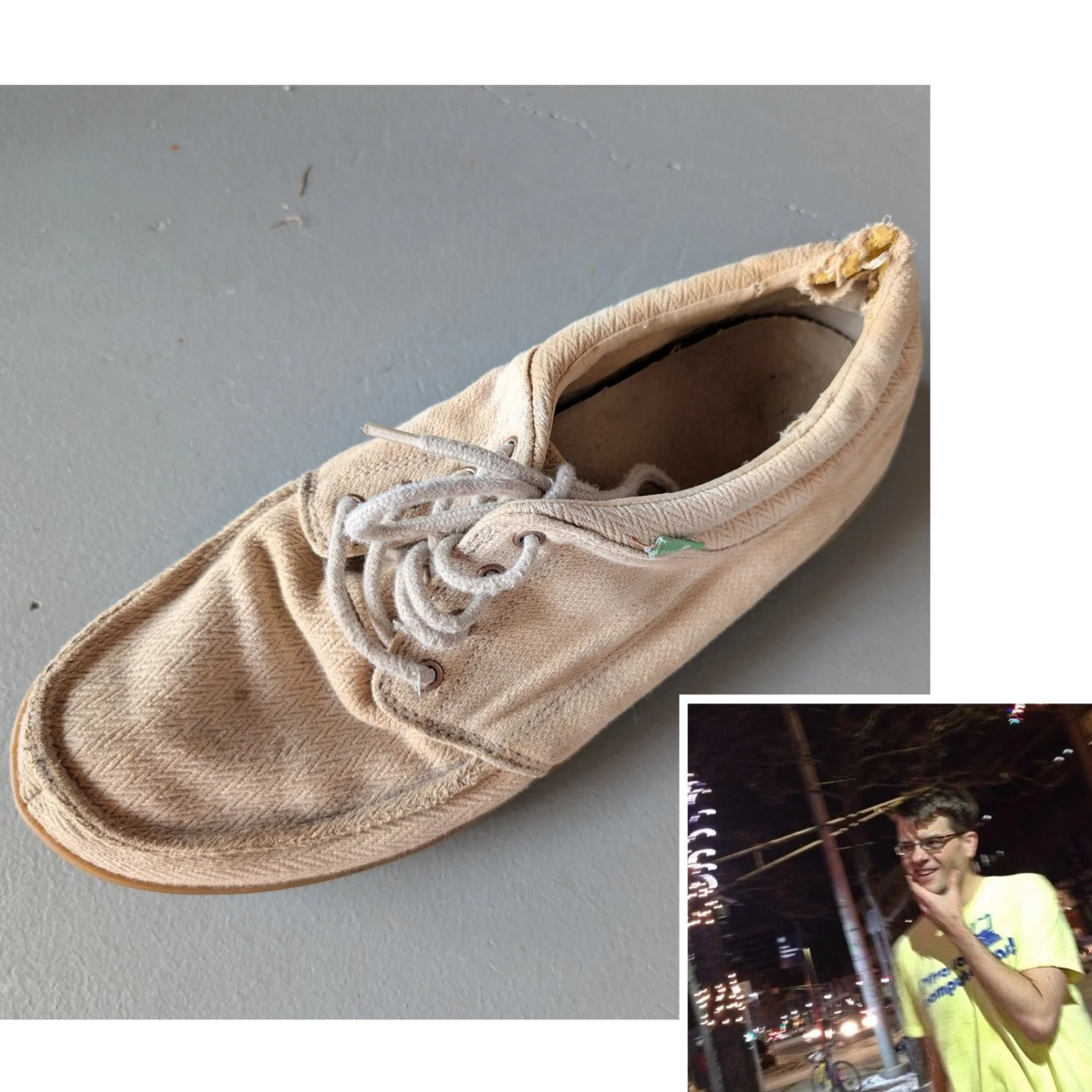A worn beige canvas lace-up shoe is shown from above, with a small inset photo of a person wearing a yellow shirt.