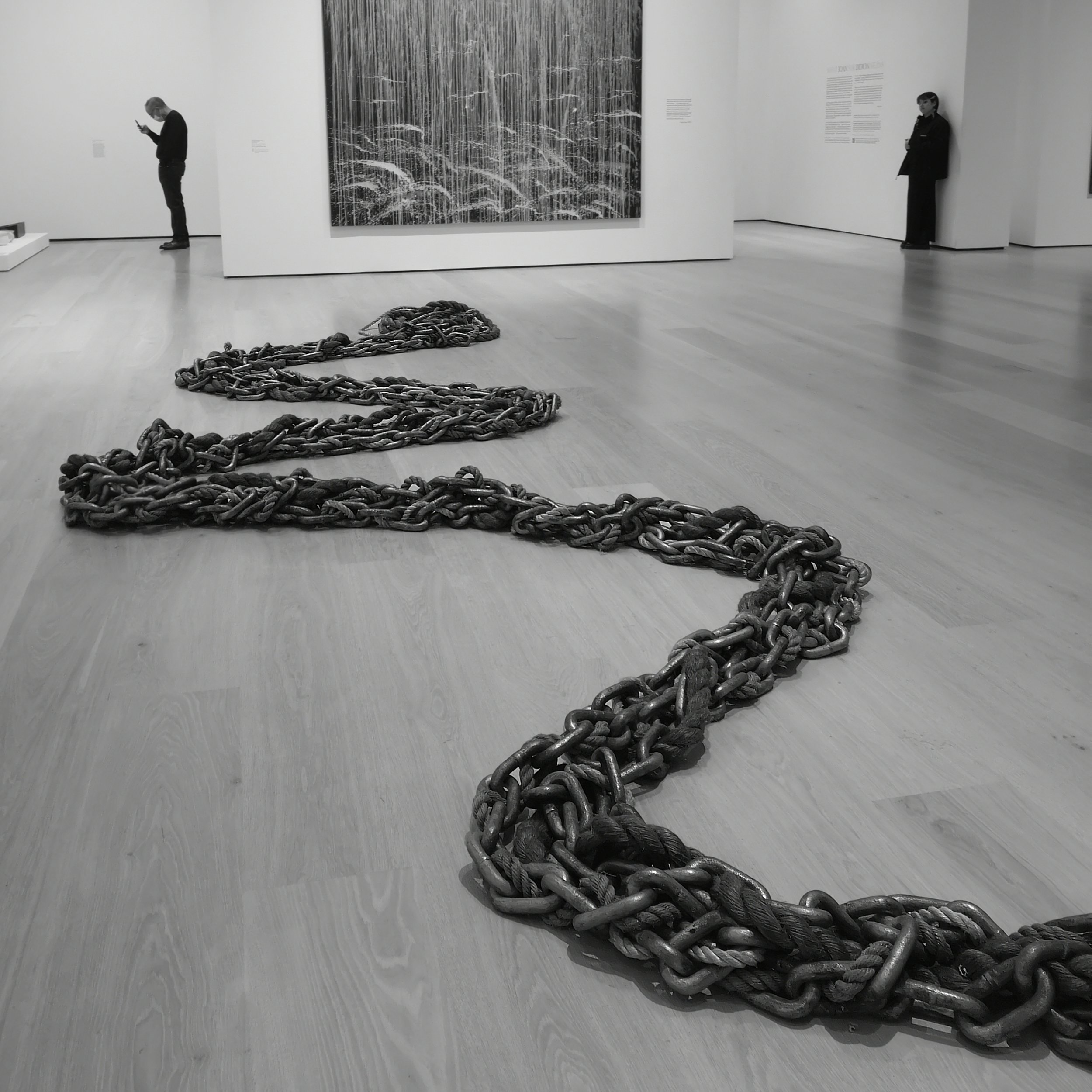 black and white image of a chain intertwined with rope on a floor of an art museum. two people stand in the gallery, one by the wall and the other looking at his phone
