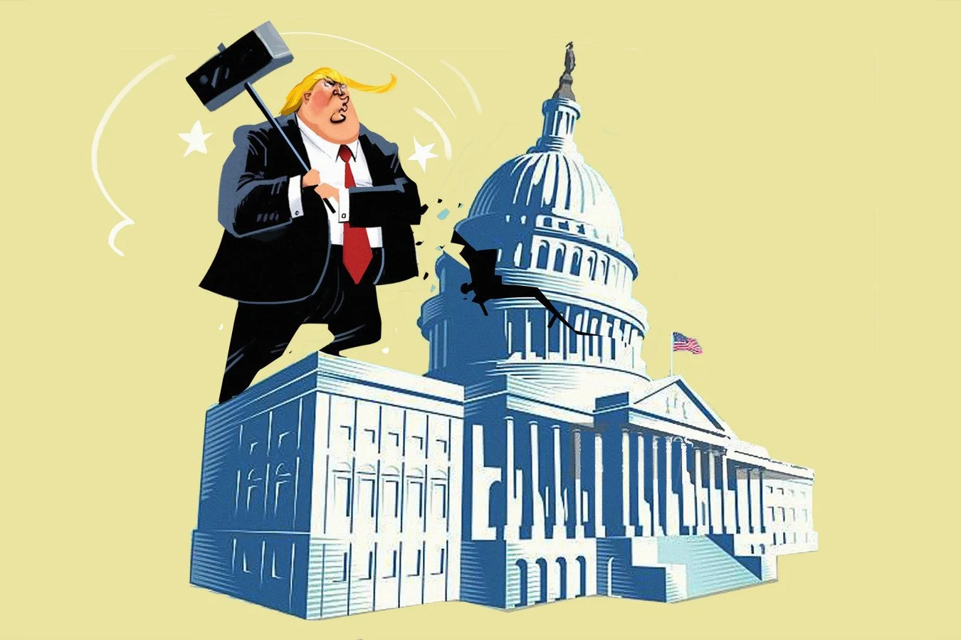 A political cartoon showing Donald Trump standing on top of the United States Capitol while holding a large mallet.