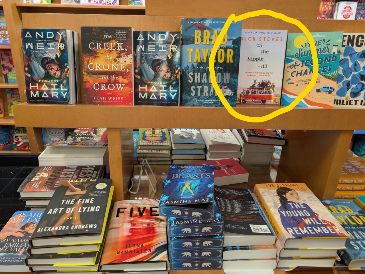 Books displayed on a bookstore shelf, with the book On the Hippie Trail circled in yellow to highlight it.