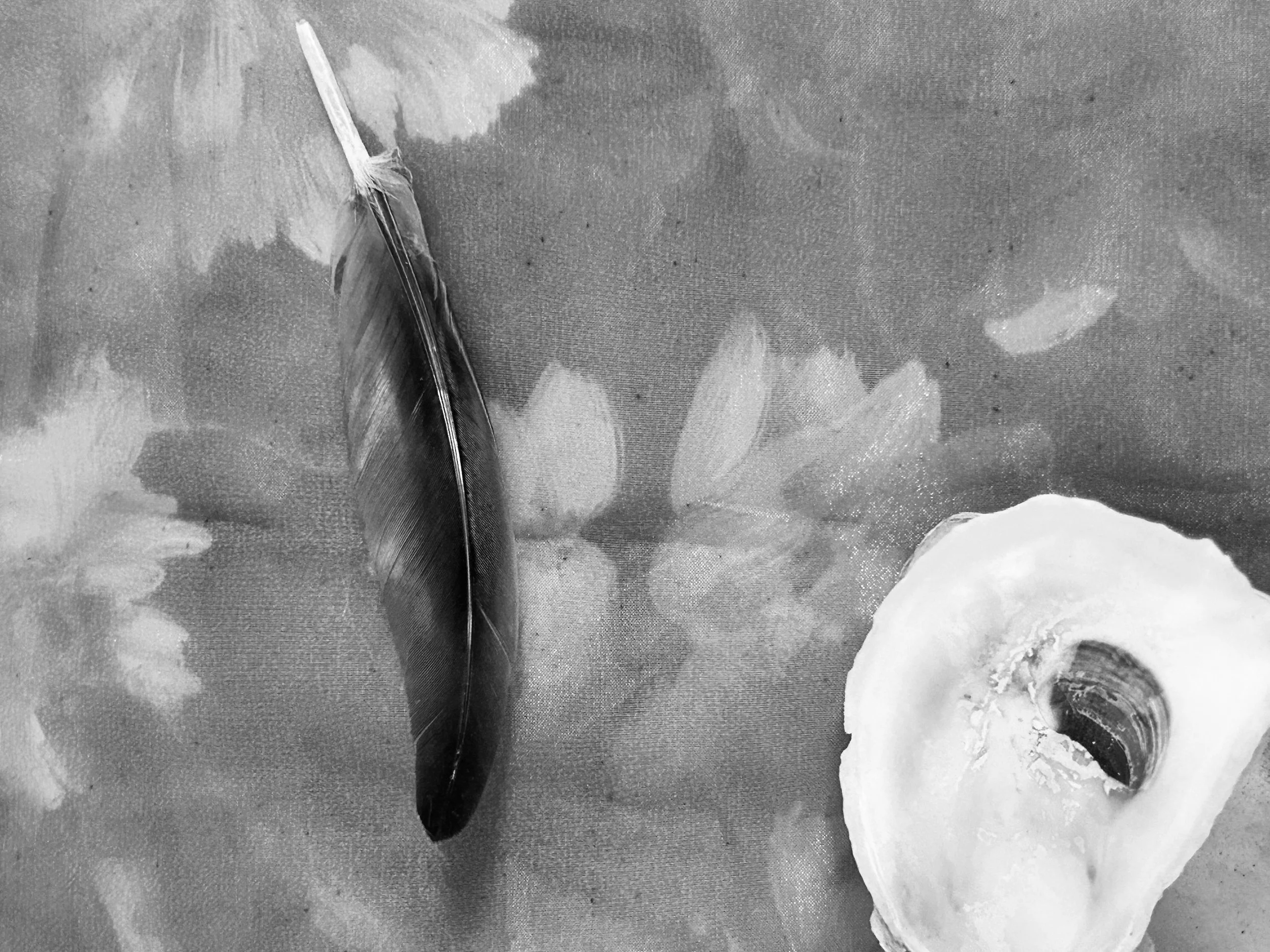 A black-and-white photograph of a dark, long and sleek feather and a hollowed-out oyster shell resting on a floral-patterned fabric