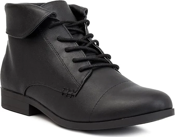 A black leather lace-up boot with a low heel displayed against a white background.
