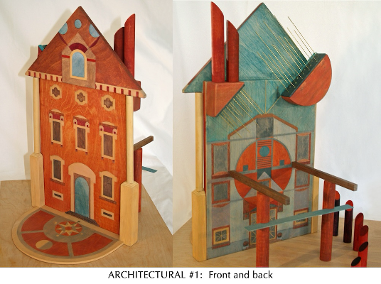 Front and back views of a stylized wooden architectural sculpture with geometric shapes, decorative windows, and protruding structural elements.