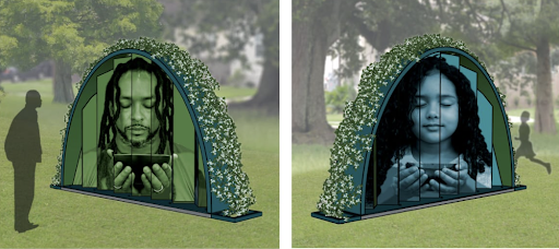 A plant-covered structure shaped like an arch, each featuring a large portrait of a person inside with eyes closed and hands holding an object, set in a grassy outdoor area.