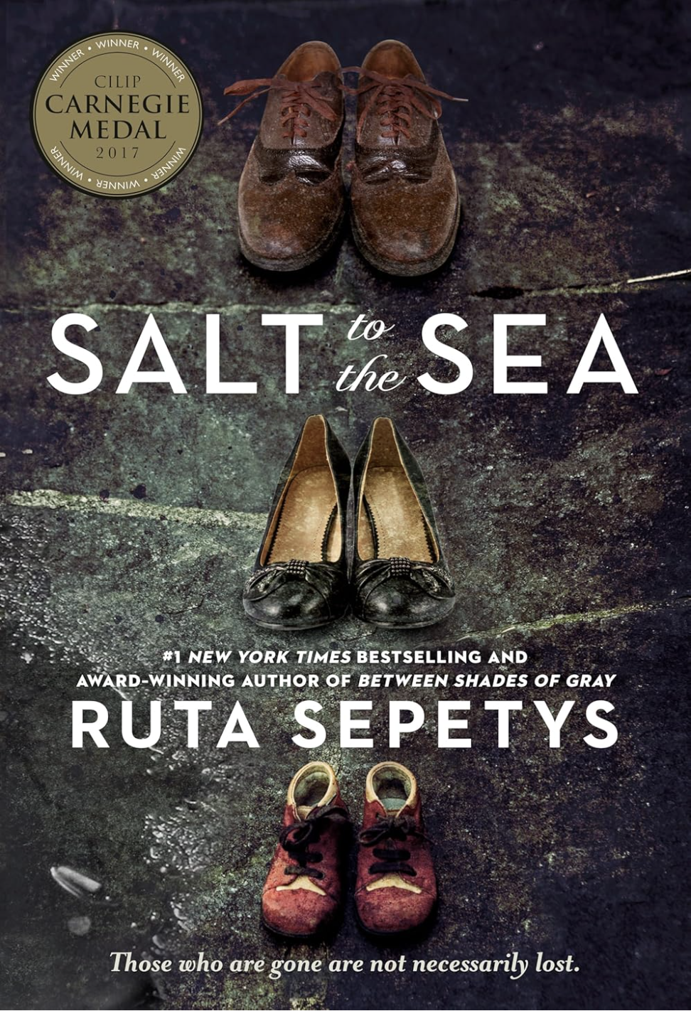 Book cover of “Salt to the Sea” by Ruta Sepetys featuring 3 pairs of worn shoes arranged on a dark textured background.