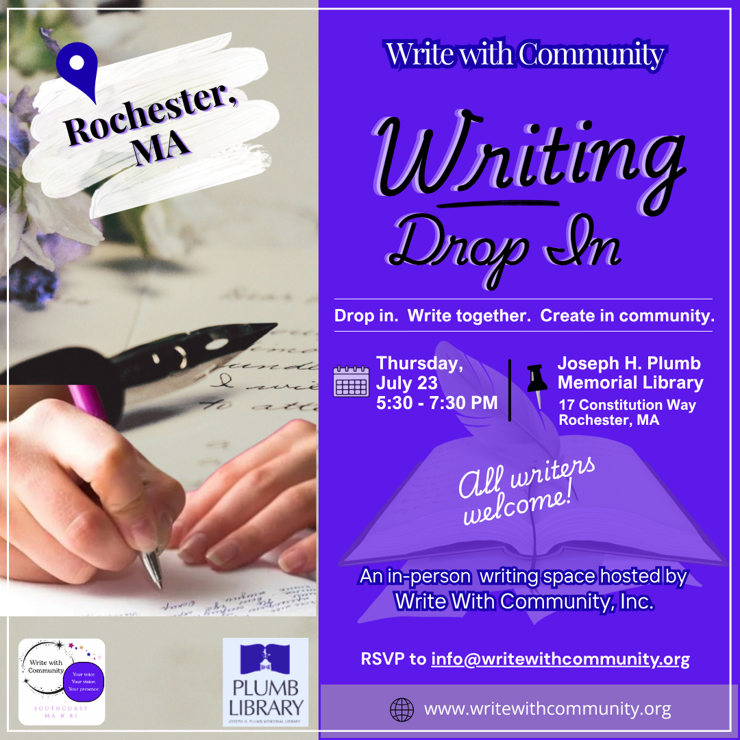 Promotional graphic for Writing Drop In event hosted by Write with Community Inc.