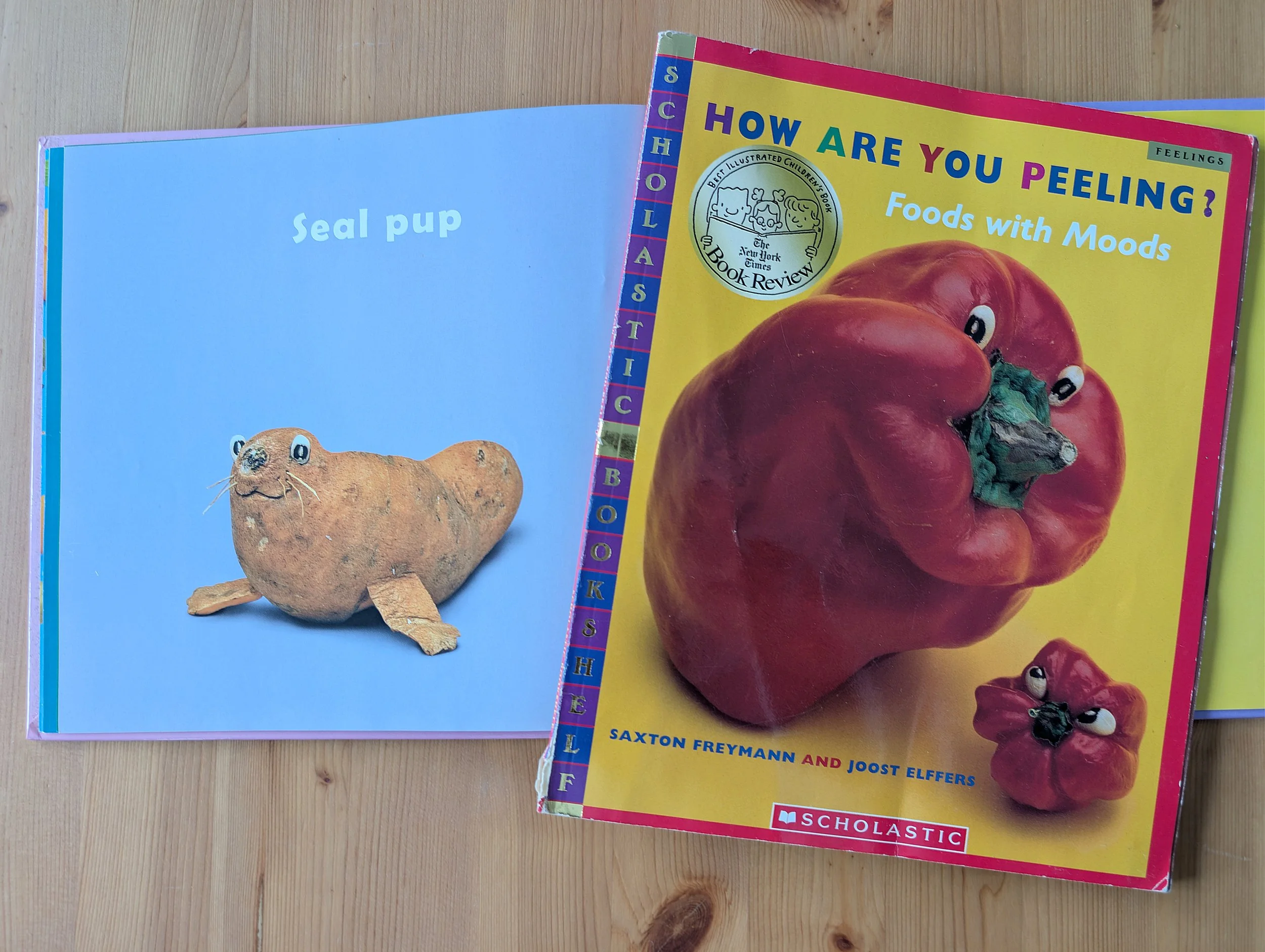 Children’s book showing a potato styled as a seal beside a cover titled “How Are You Peeling? Foods with Moods” featuring a carved red pepper face