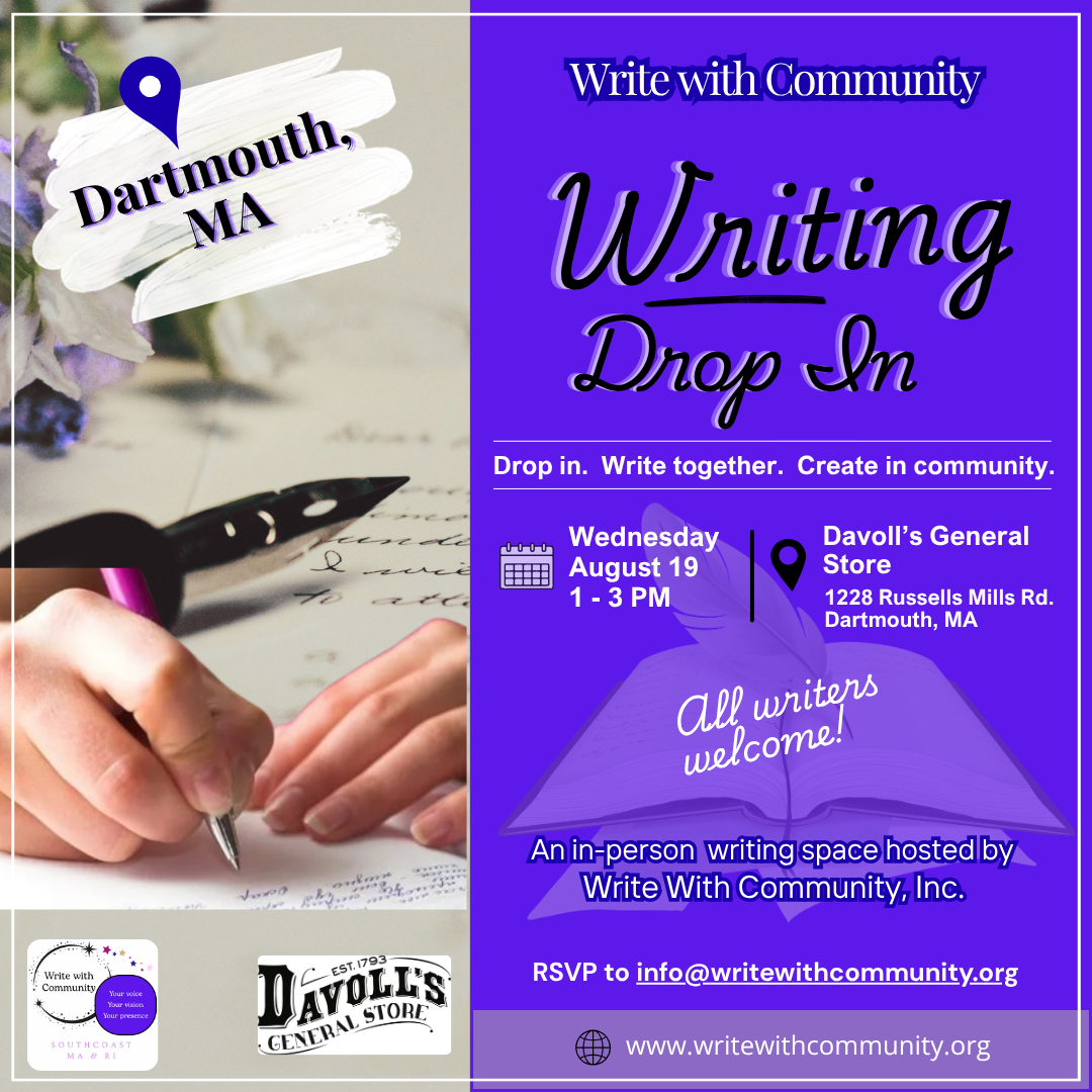 Promotional graphic for the Writing Drop In event hosted by Write With Community Inc.
