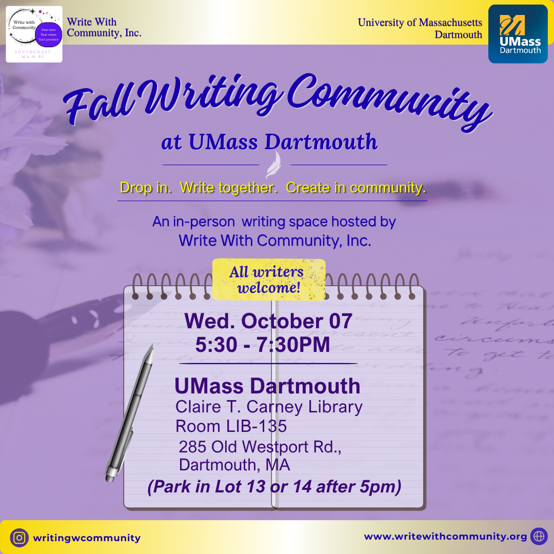 Promotional graphic for Fall Writing Community at UMass Dartmouth