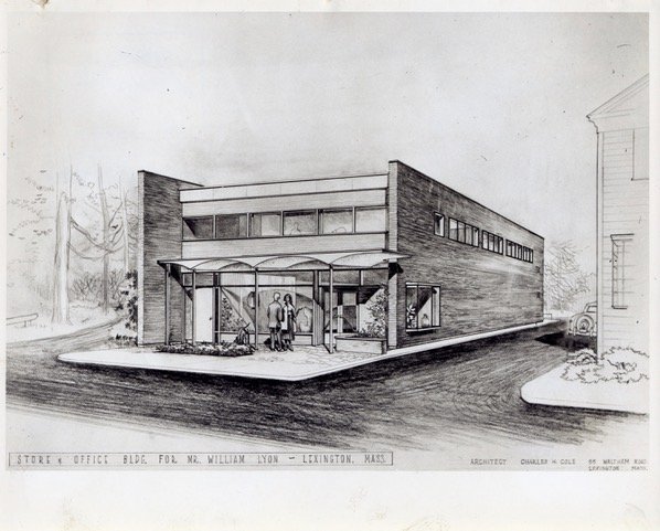 A black-and-white architectural rendering of a modern, low-rise commercial building with clean lines