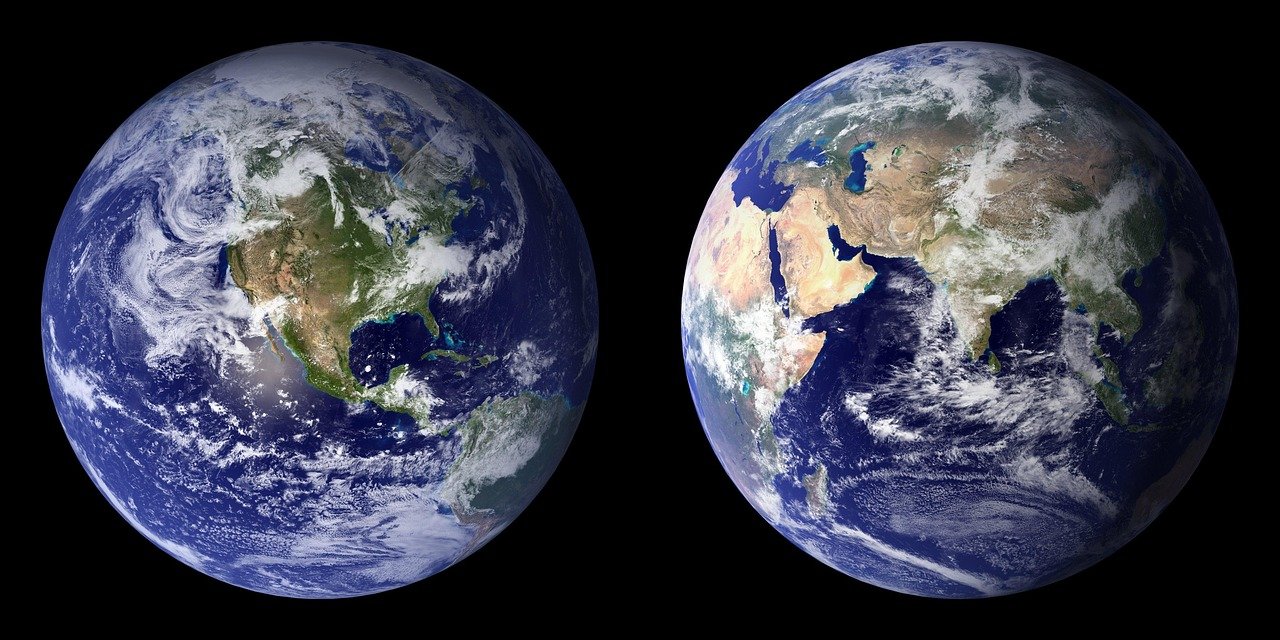 Two side-by-side images of Earth from space, showing detailed views of continents, oceans, and cloud formations.