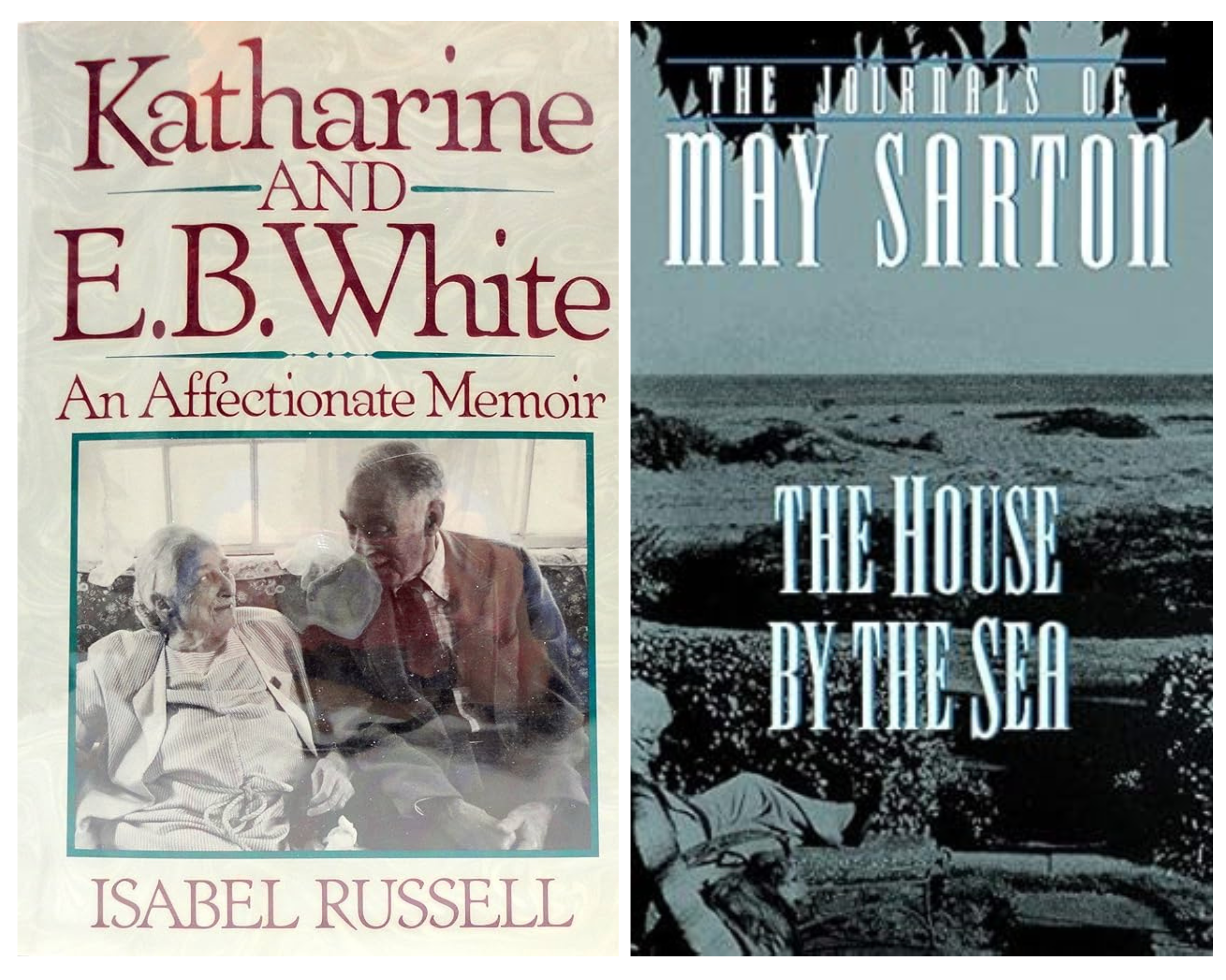 Book covers featuring works by E. B. White and May Sarton