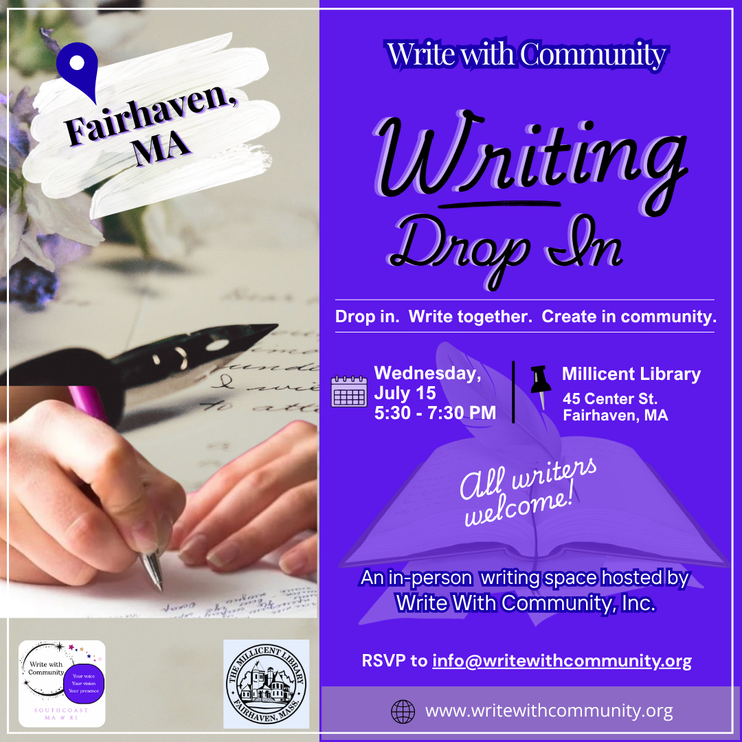 Promotional graphic for the Writing Drop In event hosted by Write With Community Inc.