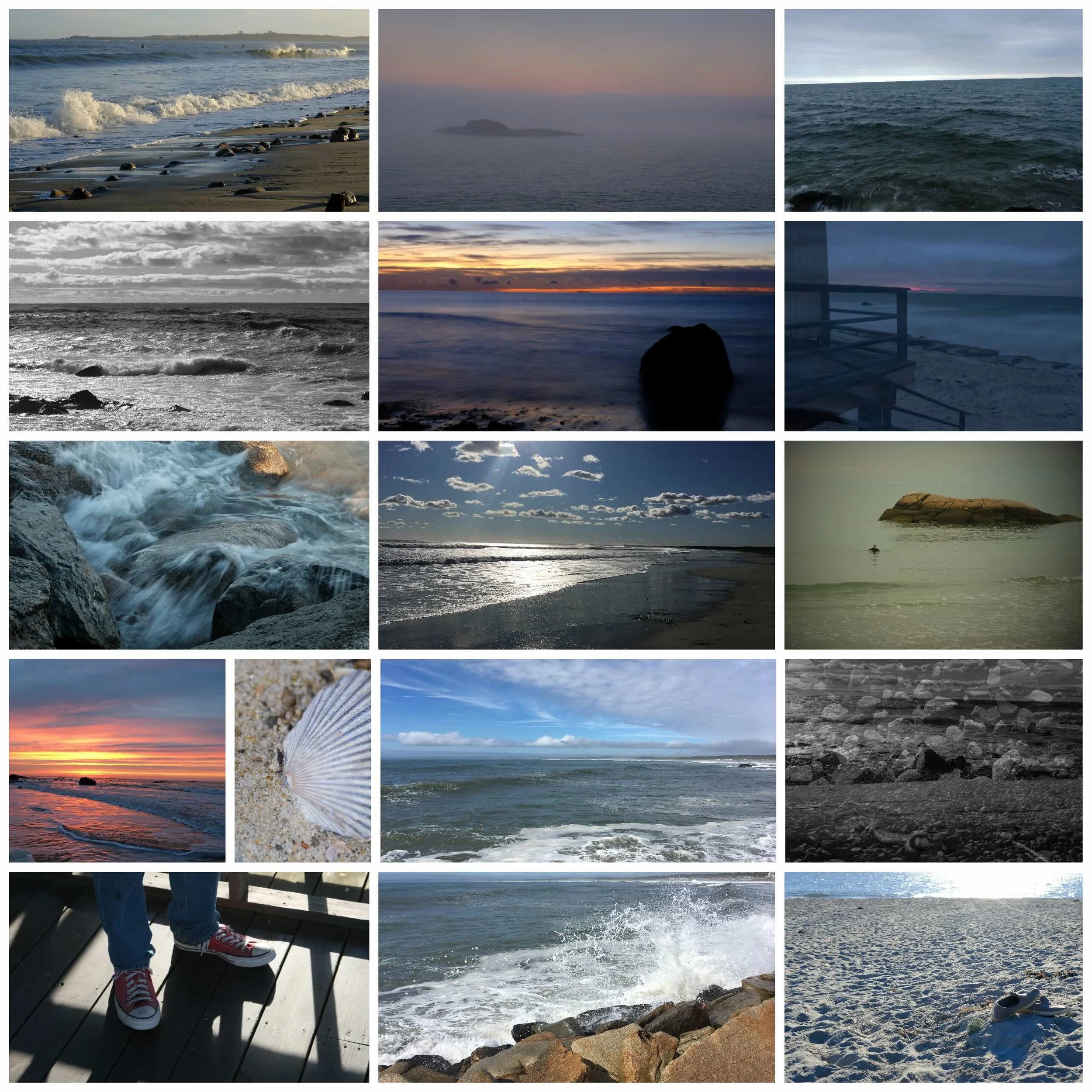 A collage of ocean-themed photographs featuring waves, beaches, rocky shores, seashells, sunsets, and distant islands in a variety of colors.