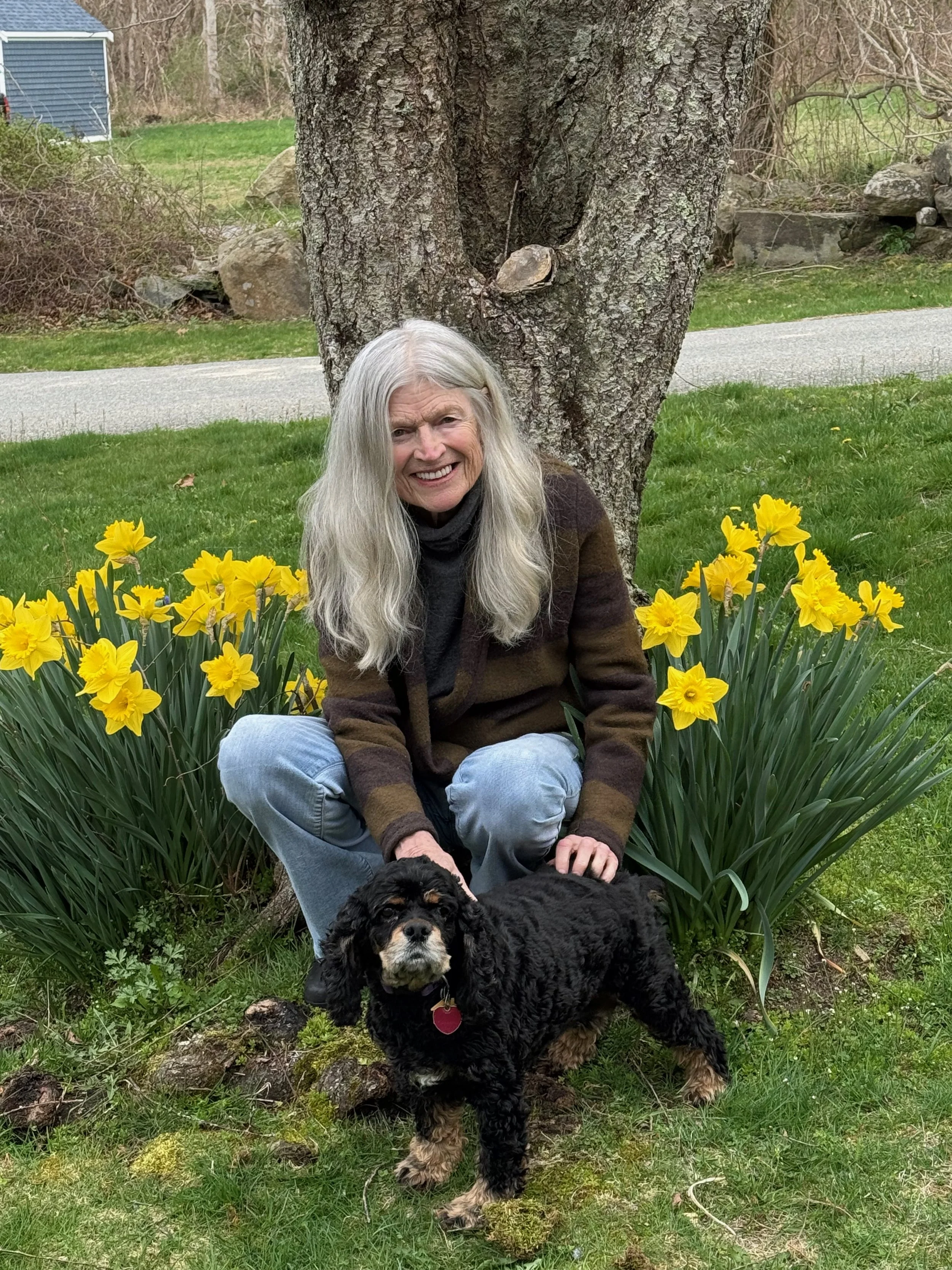 A woman with long gray hair kneels beside a small black dog surrounded by blooming daffodil flowers in a grassy yard.