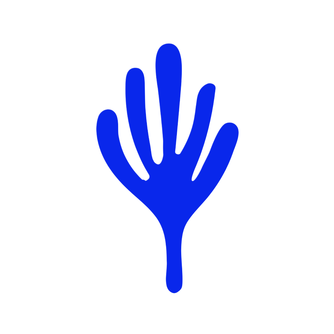 A blue stylized illustration of a human hand with fingers extended upward.