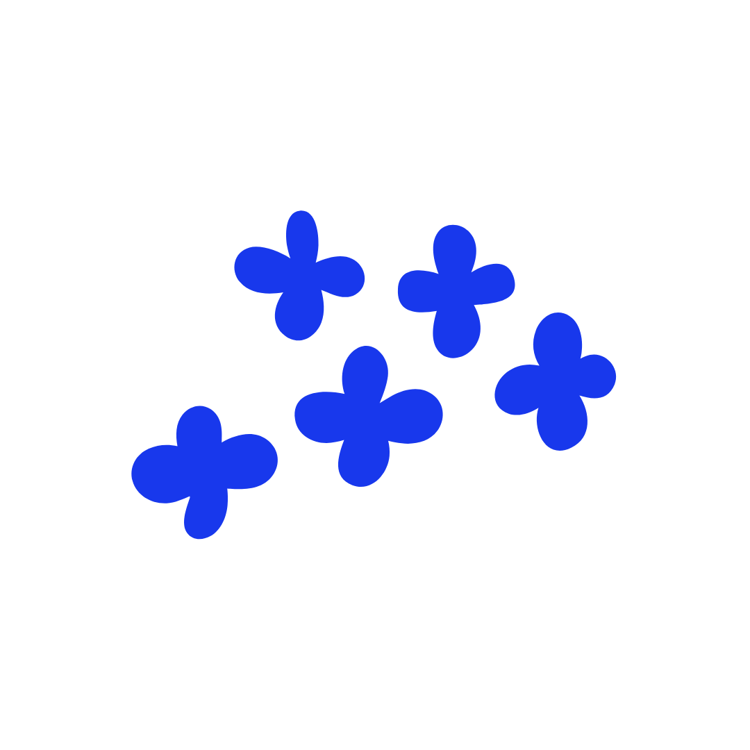 Five blue flower-shaped objects on a white background.