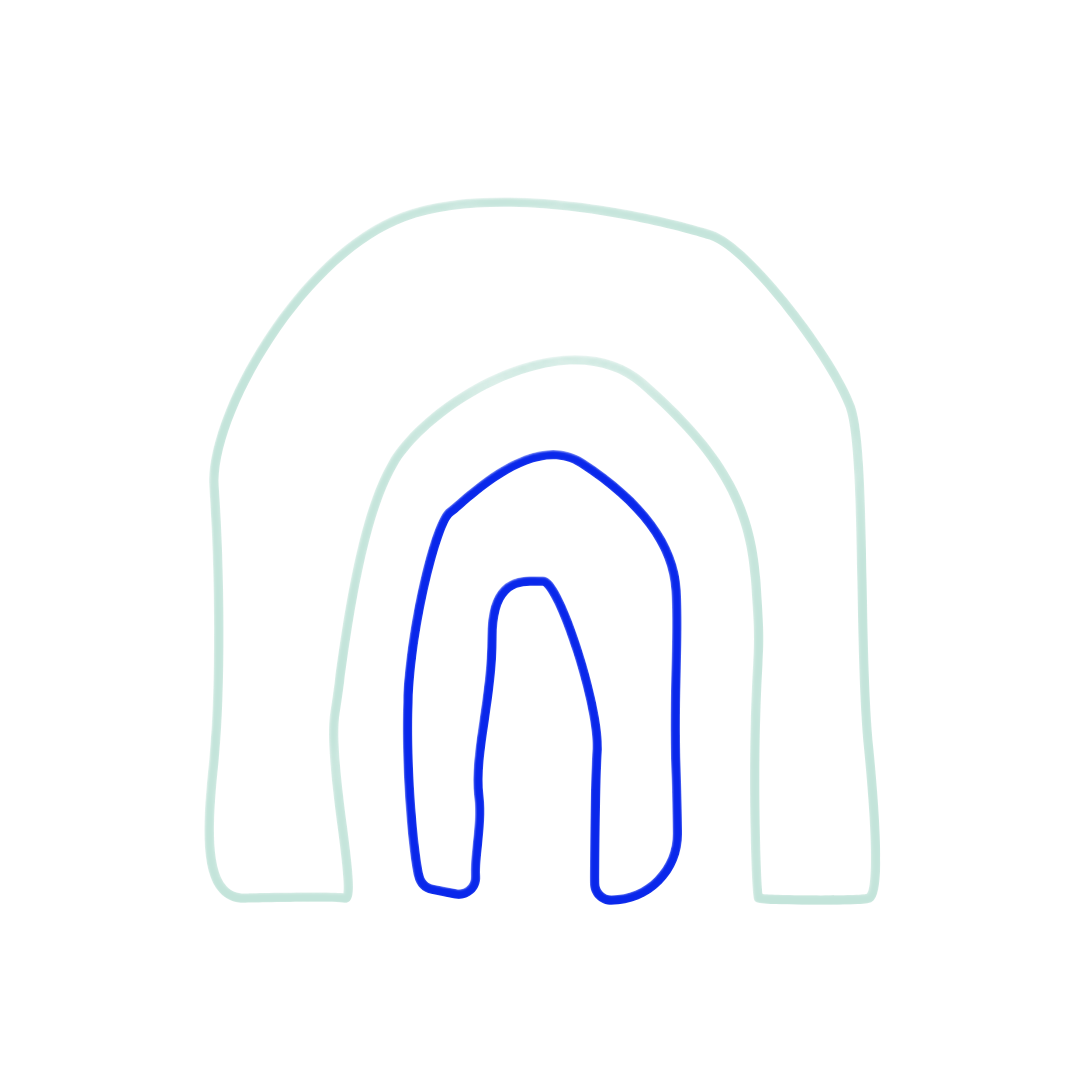 Colorful, abstract line drawing of three rainbow arches in shades of blue and green on a black background.