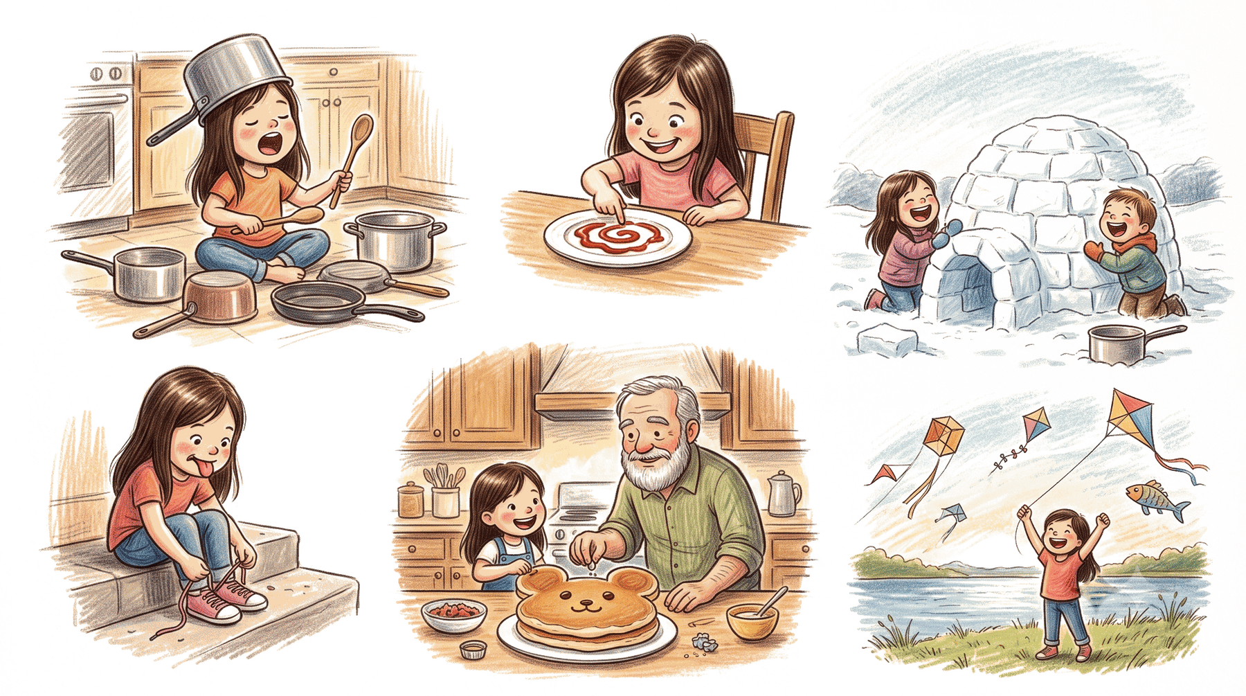 A collage of children and family activities, including cooking in the kitchen, baking a bear-shaped cake, playing outdoors in snow and kite flying, and a girl tying shoelaces.