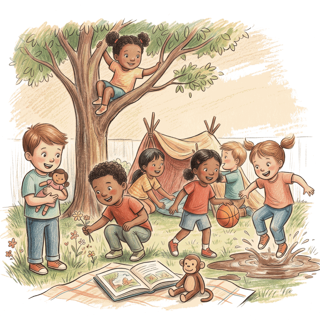 Children playing outdoors under a tree, with one sitting in the tree, others playing with a basketball, watering flowers, and splashing in a puddle, a tent, a doll, a stuffed monkey, and an open book on a blanket.