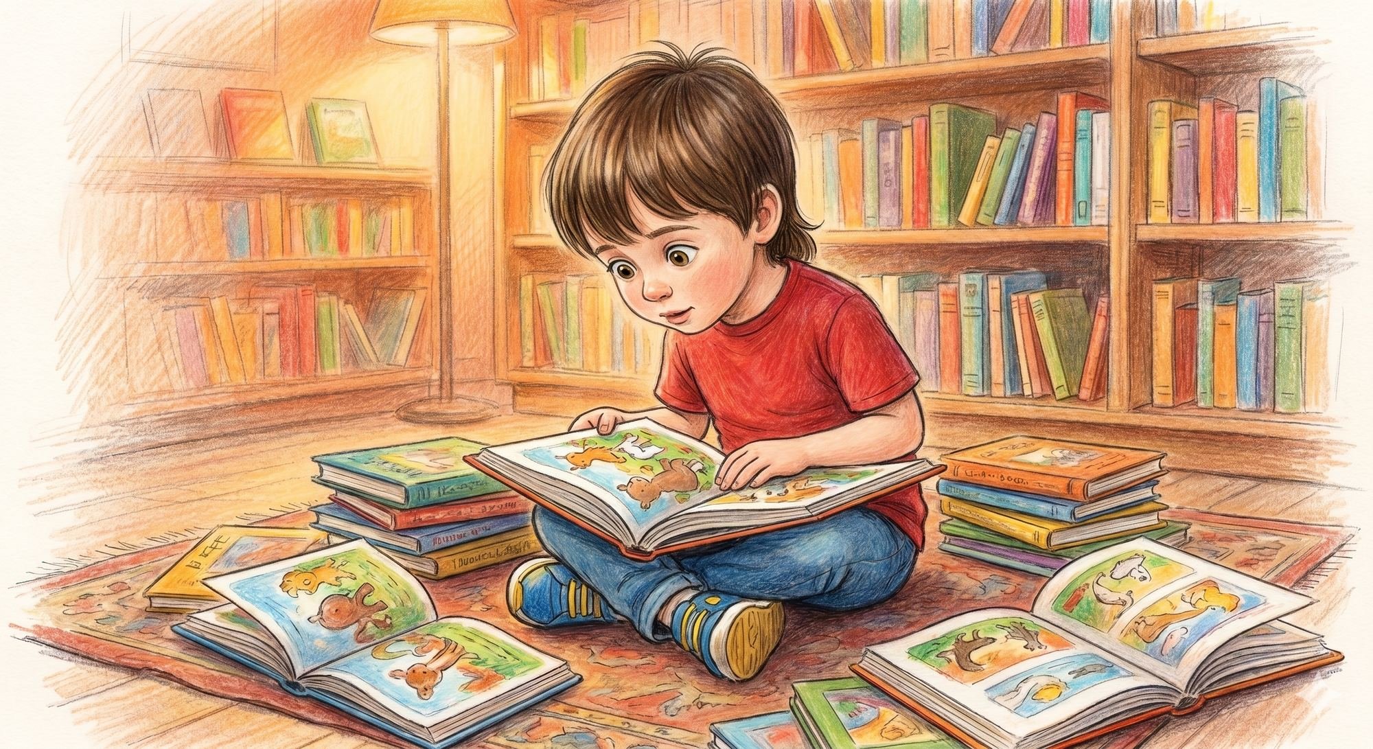 A young boy sitting on the floor in a library, reading a colorful picture book with animals. There are several other books around him, some on a patterned rug. The background shows wooden bookshelves filled with books and a cozy lamp.