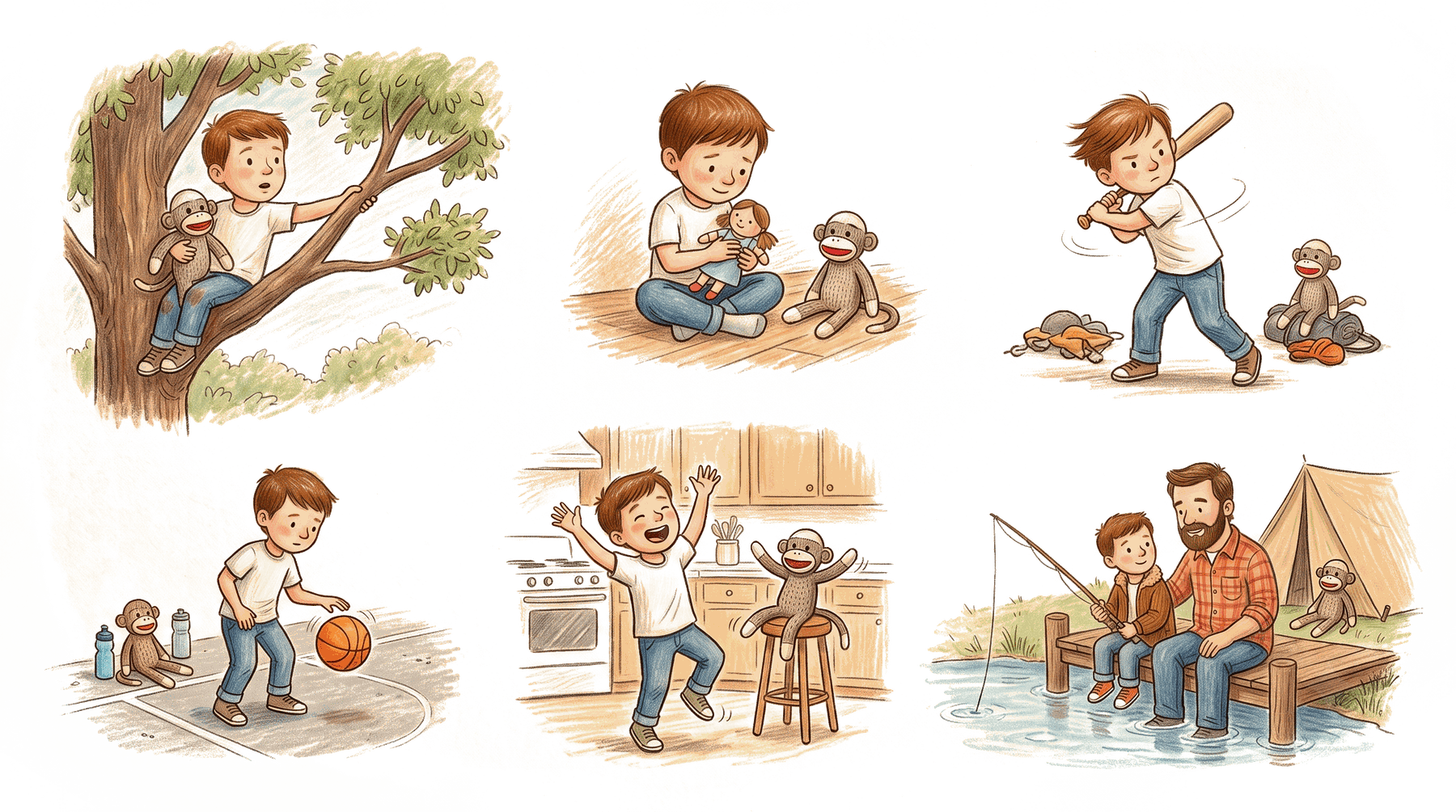 A boy playing and cuddling with a stuffed monkey on a tree, a boy practicing baseball, a boy playing basketball outdoors, a boy joyfully dancing with a stuffed monkey in a kitchen, two boys fishing by a lake, and a boy and a man fishing by a lake, all with stuffed monkeys nearby.
