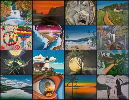 A collage of 20 colorful landscape paintings, including oceans, mountains, lakes, a lighthouse, a sunset, and various outdoor scenes.