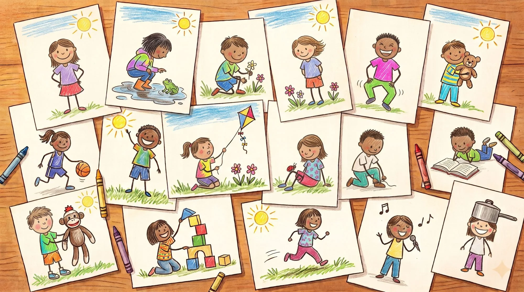 Collection of colorful children's drawings on paper scattered on a wooden surface, depicting kids playing outdoors, holding toys, and engaging in various activities.