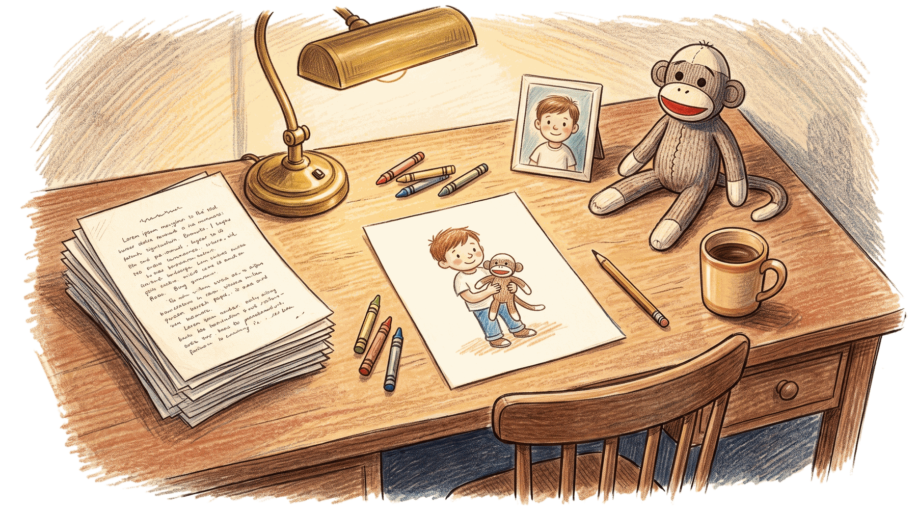 A wooden desk with a brass desk lamp, a stack of papers, colored pencils, a sketch of a child holding a monkey plush, a framed photo of the same child, a stuffed monkey toy, a cup of coffee, and a pencil. Everything appears to be arranged for drawing or writing.