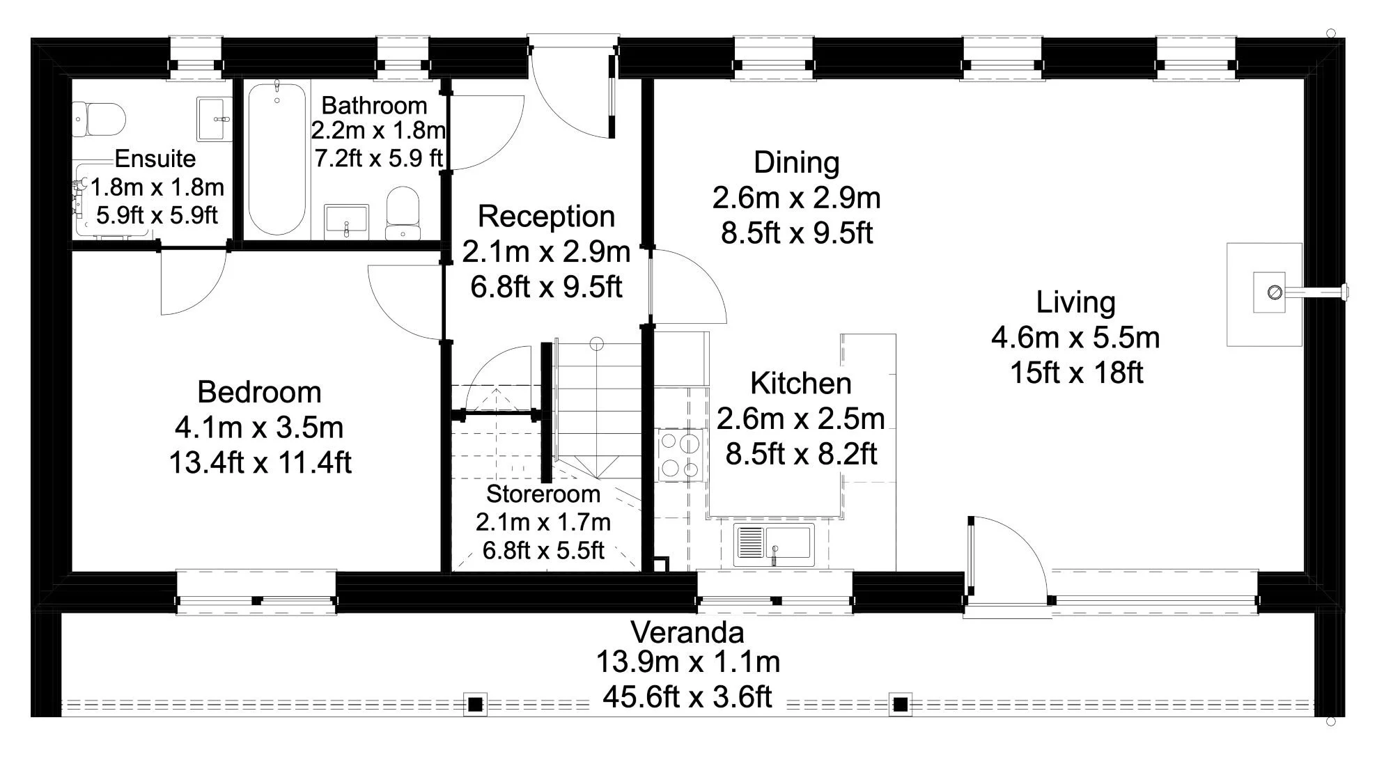 A detailed floor plan of an eco-house with labeled rooms including a living room, dining area, kitchen, bedroom with ensuite, bathroom, reception, storeroom, and verandah, with room dimensions in meters and feet.