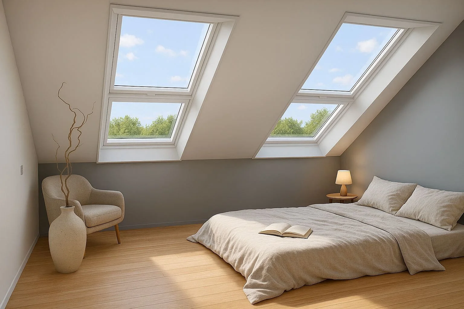 A cozy bedroom with a sloped ceiling featuring three skylight windows, a bed with beige linen bedding, a bedside table with a lamp, a beige armchair, a large decorative vase with dried branches, and an open book on the bed, overlooking green trees an