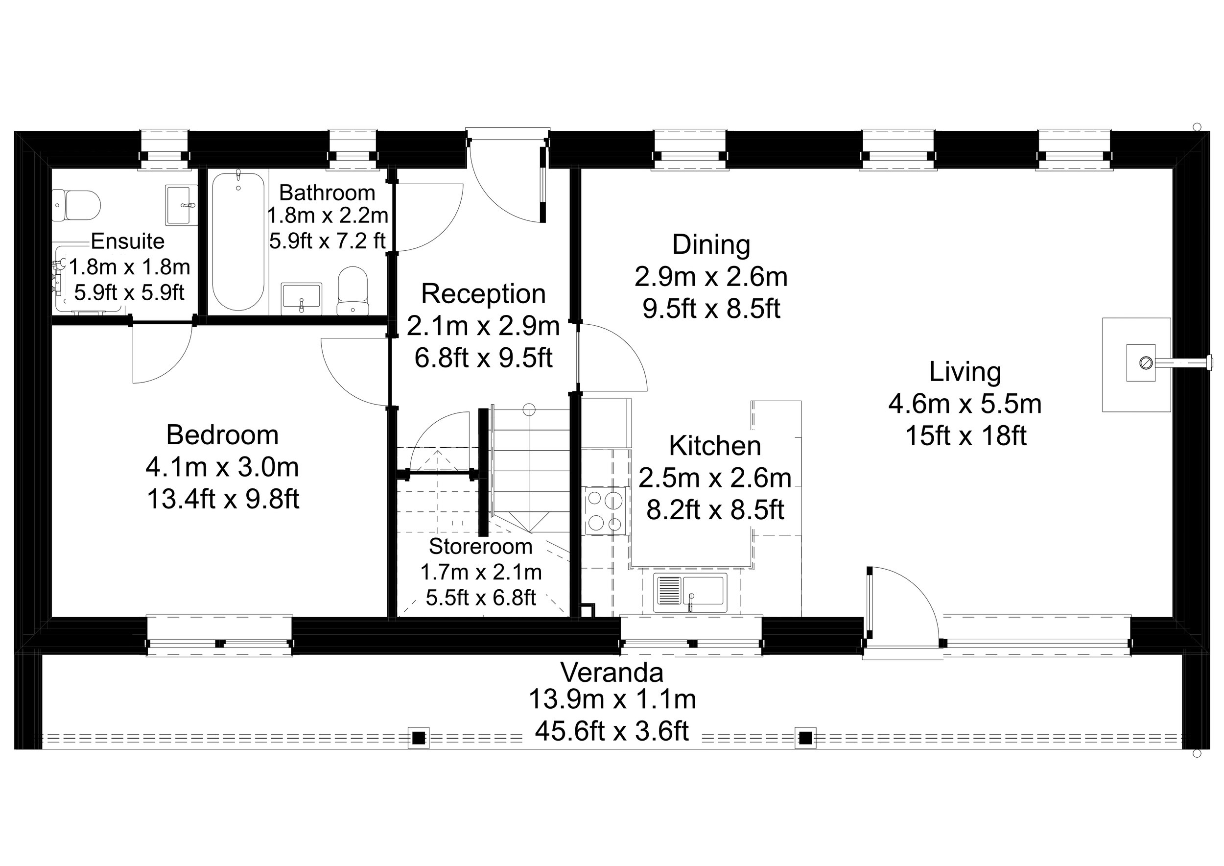 A detailed floor plan of an eco-house with labeled rooms including a living room, dining area, kitchen, bedroom with ensuite, bathroom, reception, storeroom, and verandah, with room dimensions in meters and feet.