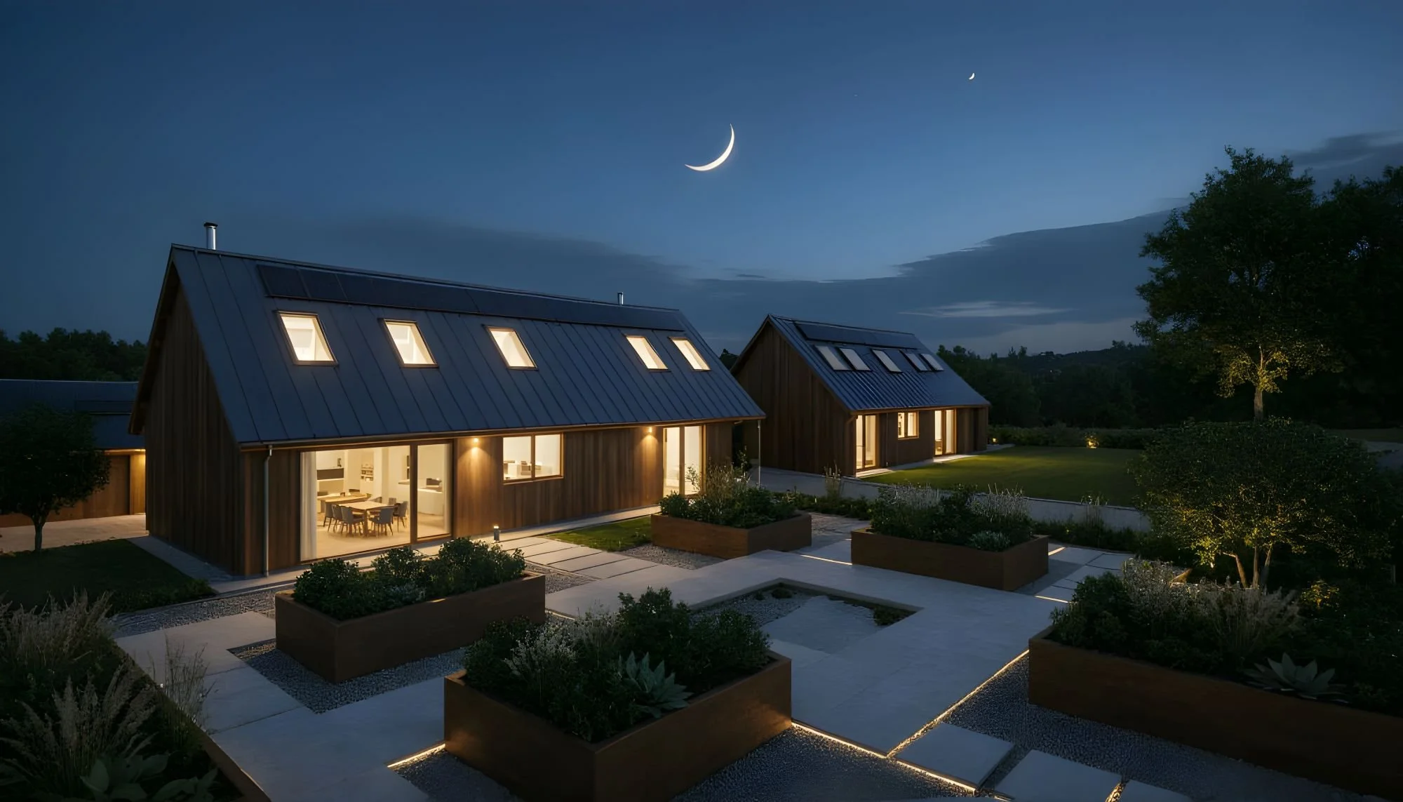 Night view of two modern houses with wooden exteriors and sloped roofs, illuminated from inside, surrounded by landscaped gardens with trees and flower beds, dark sky with crescent moon and visible stars.