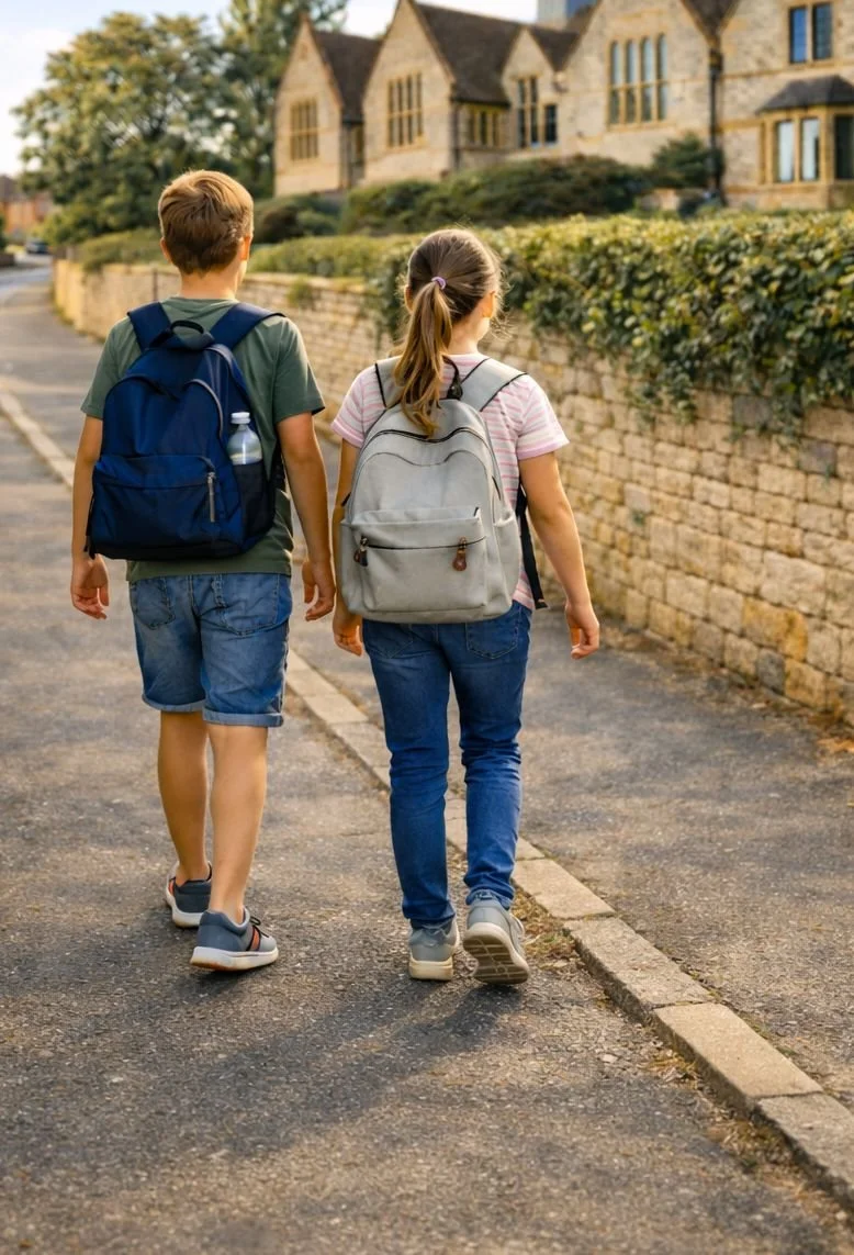 Children walk to school on quiet road in Langport