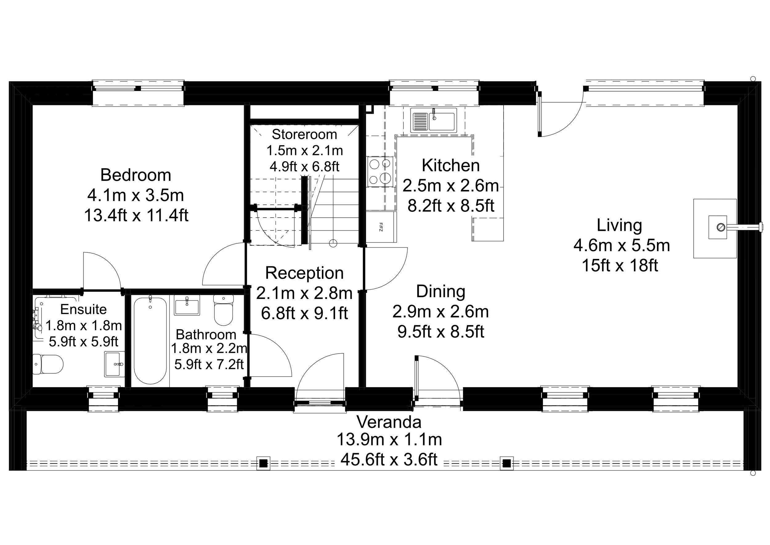A detailed floor plan of an eco-house showing a veranda, living room, dining area, kitchen, reception, bedroom, ensuite, bathroom, store room, with measurements in meters and feet.