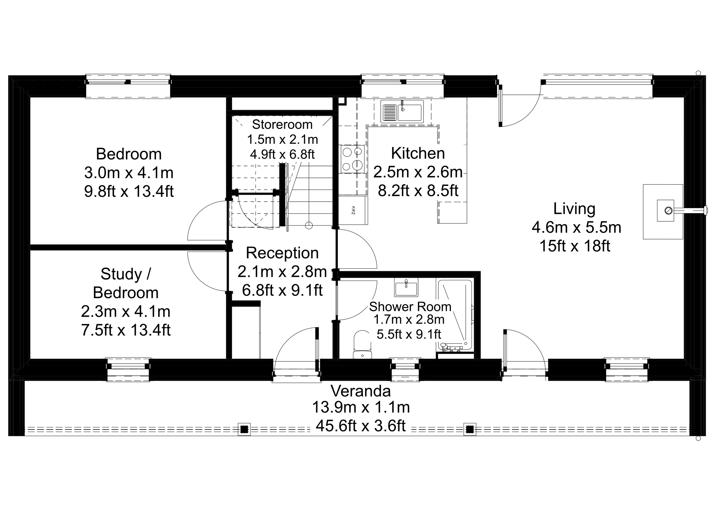 Floor plan of an eco-house with labeled rooms including a bedroom, study/bedroom, reception, verandah, shower room, kitchen, living room, storeroom, with interior doors and windows.