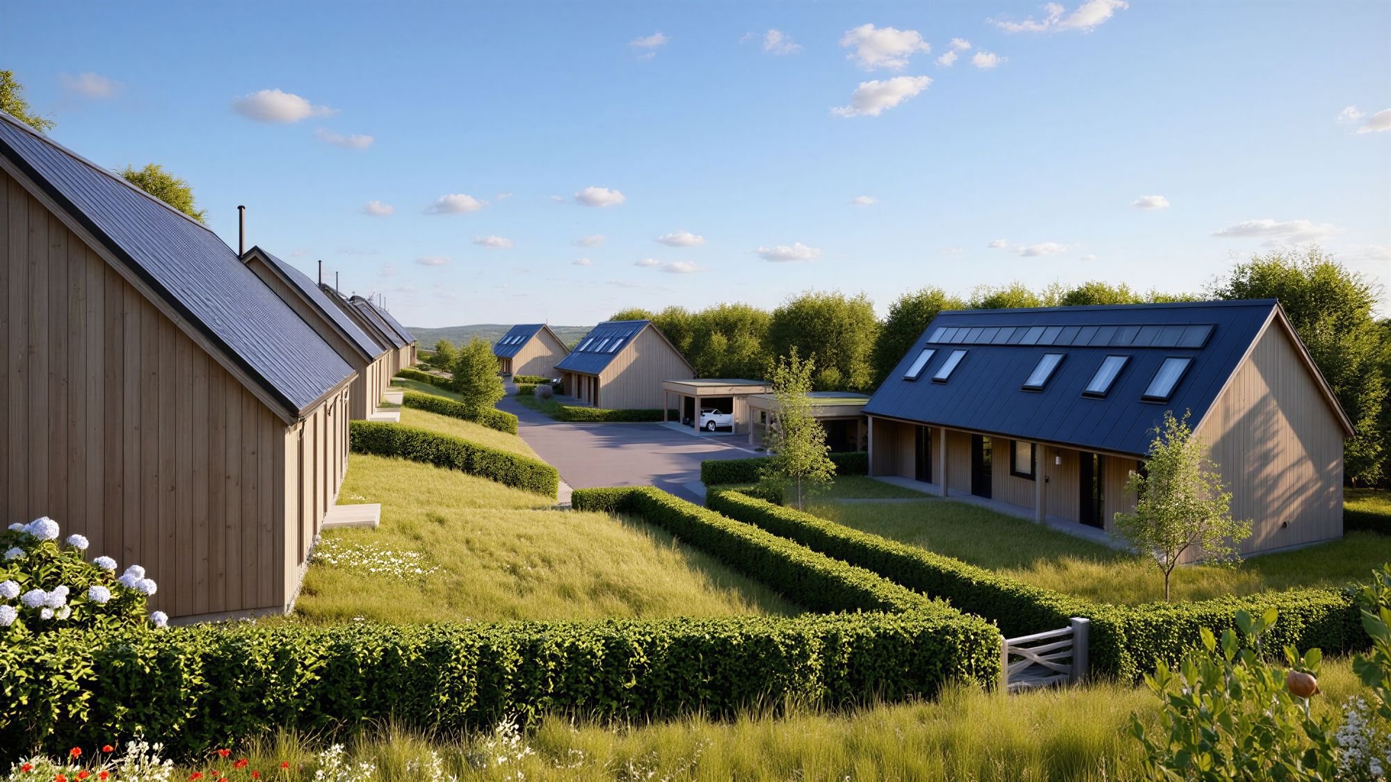 A row of modern wooden eco-houses with metal roofs, garden areas, hedges, and trees, set in a green landscape on a sunny day.