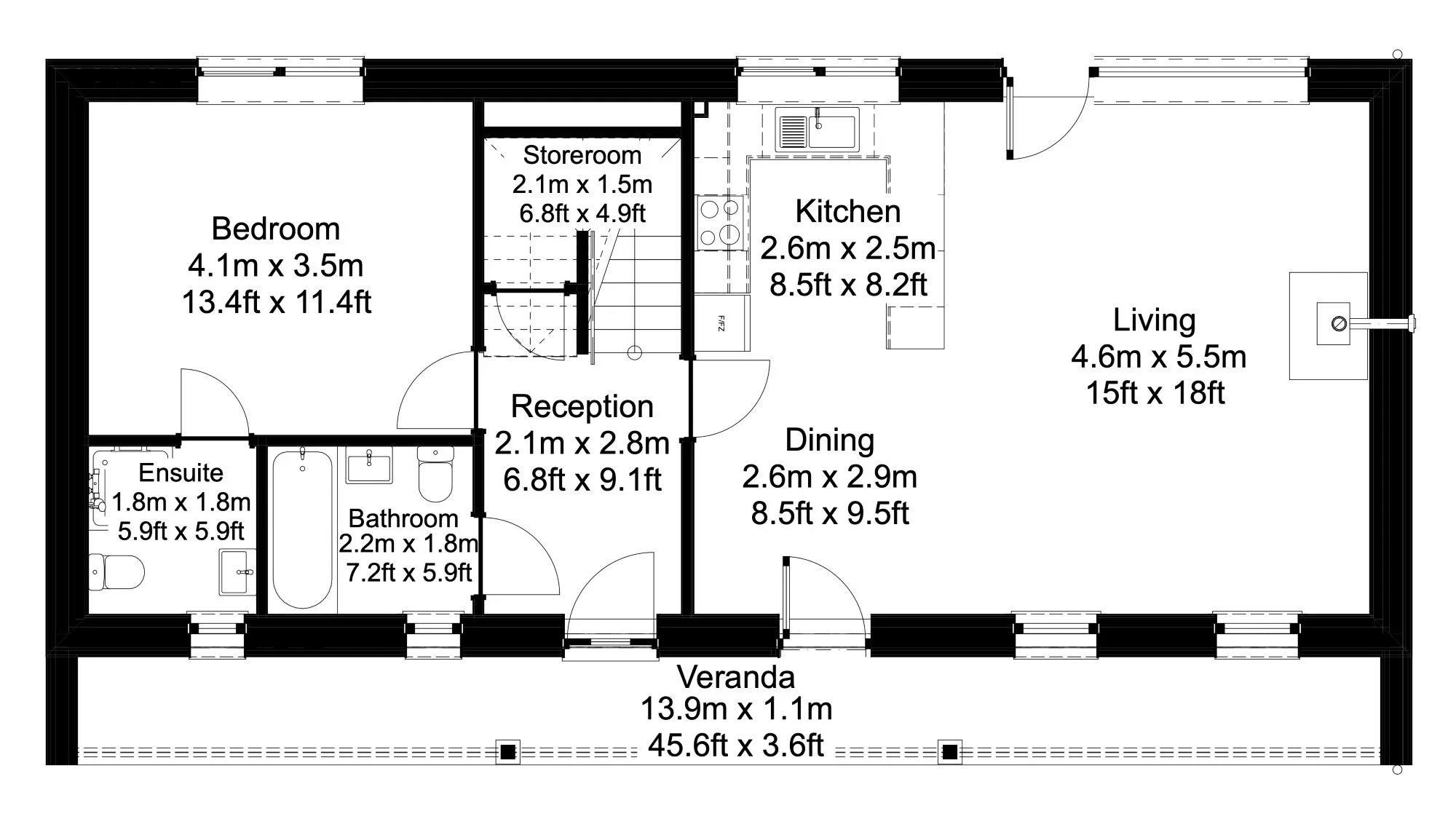 A detailed floor plan of an eco-house showing a veranda, living room, dining area, kitchen, reception, bedroom, ensuite, bathroom, store room, with measurements in meters and feet.