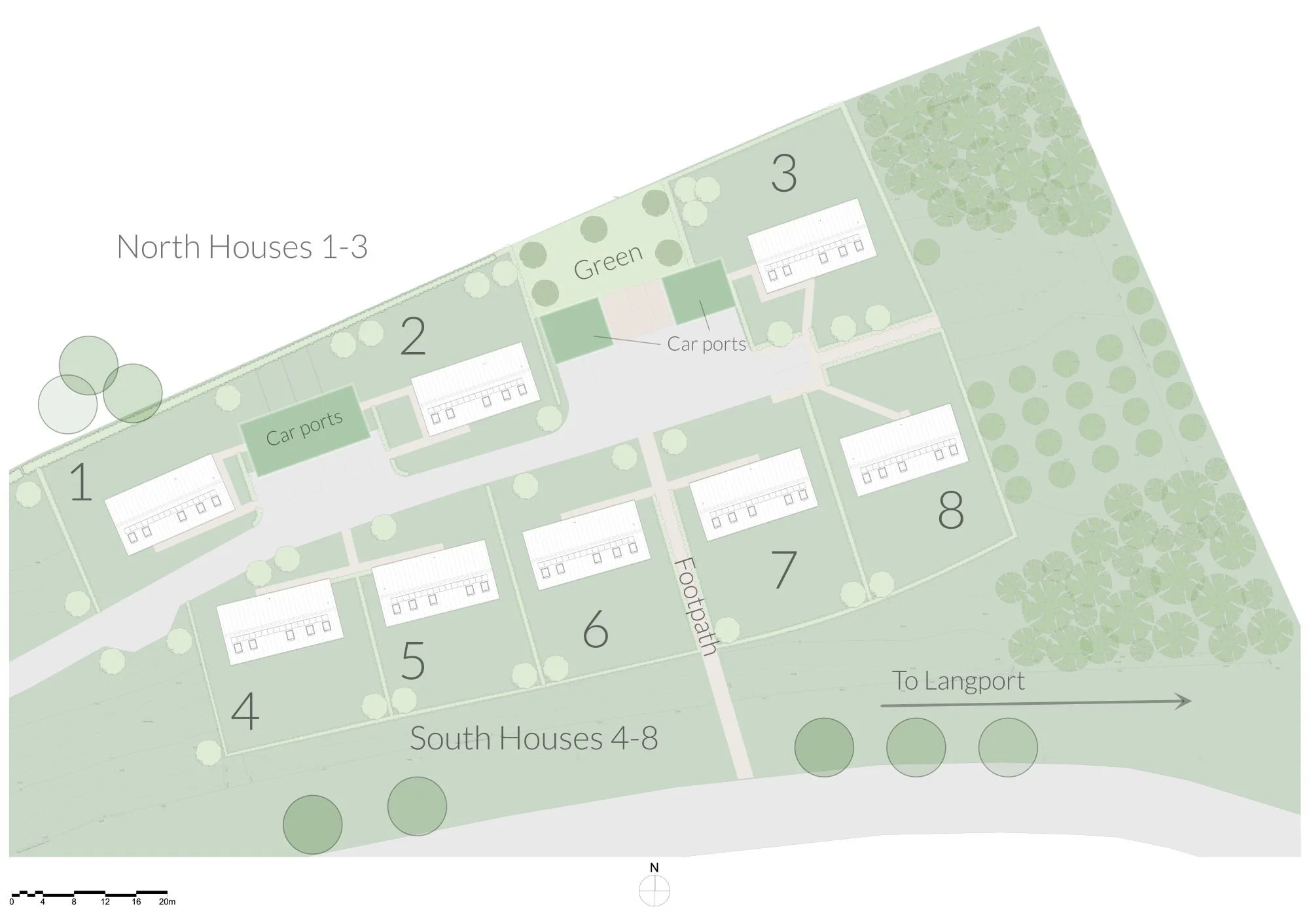 Site plan of small eco house development with trees